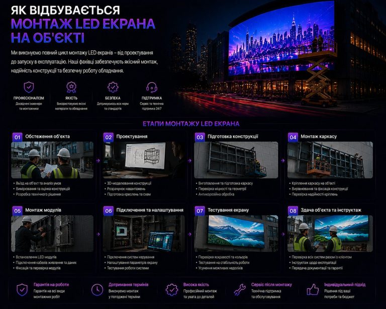 Монтаж LED екрана на об’єкті: етапи встановлення та налаштування системи