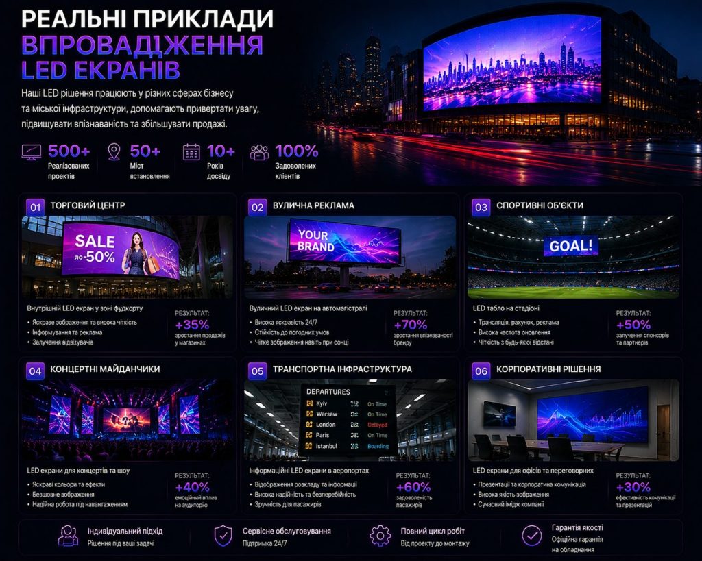 Реальні приклади впровадження LED екранів у бізнесі, рекламі та інфраструктурі