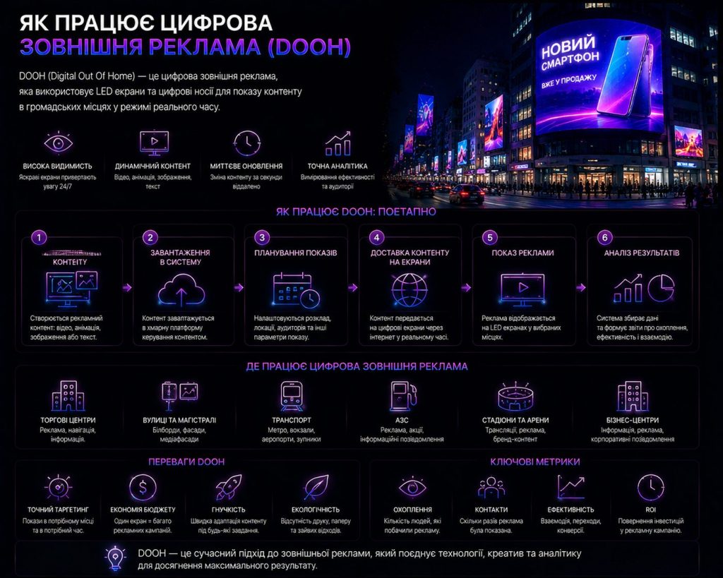 Як працює DOOH реклама: цифрові LED екрани, керування та аналітика