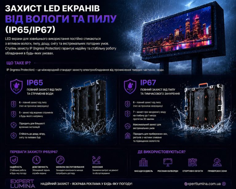 Захист LED екранів IP65 та IP67: волога, пил та герметичні модулі