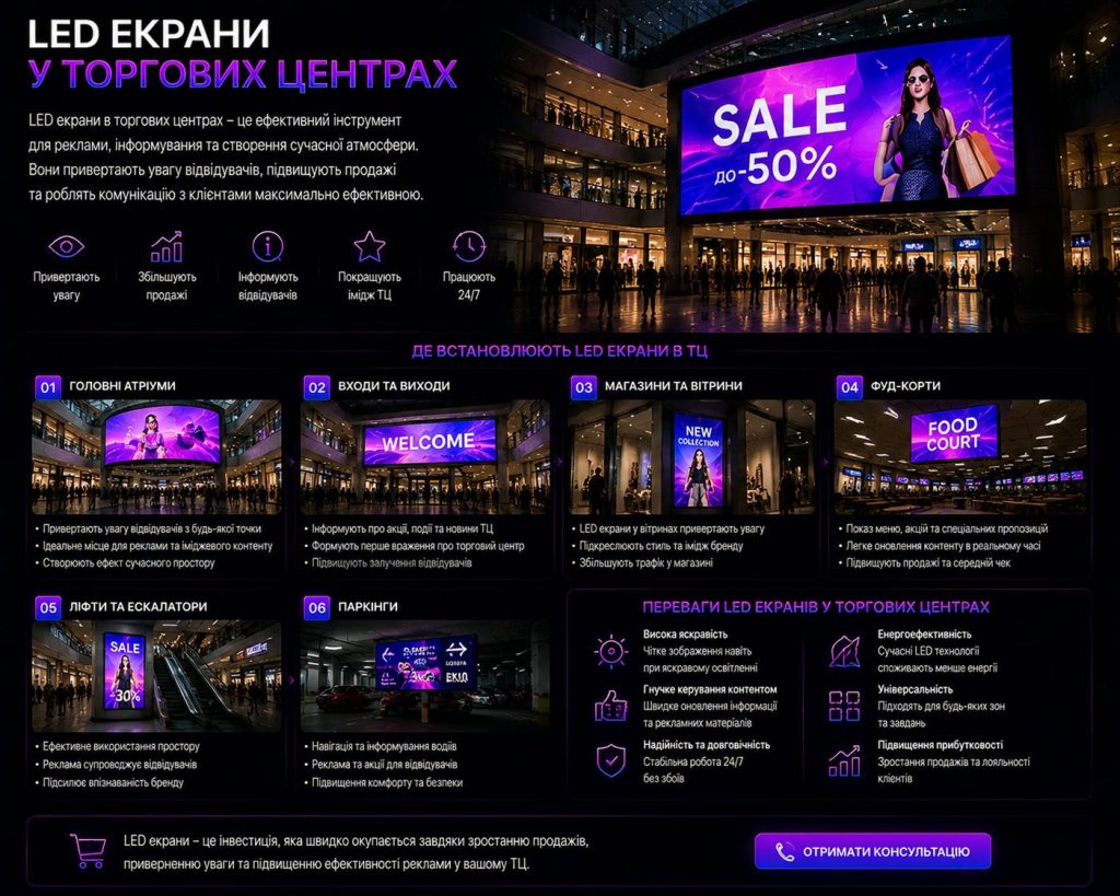 LED екрани у торгових центрах: реклама в атріумах, вітринах і фуд-кортах