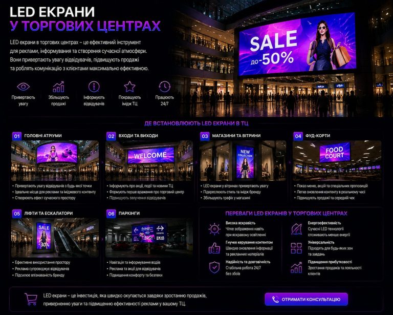 LED екрани у торгових центрах: реклама в атріумах, вітринах і фуд-кортах