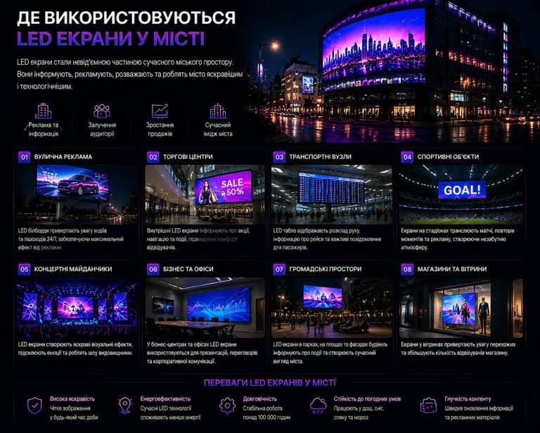 Використання LED екранів у місті: реклама, транспорт, ТЦ, спорт і бізнес