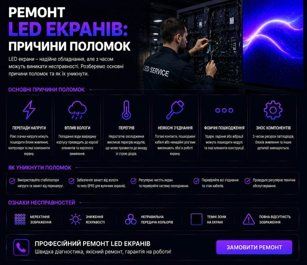 Ремонт LED екранів: діагностика несправностей, перегрів, волога та перепади напруги