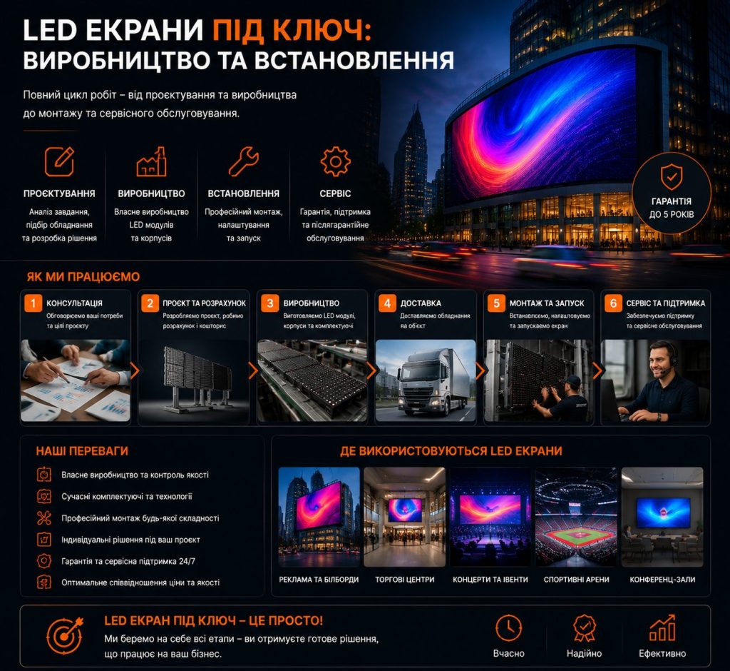 LED екрани під ключ: виробництво, монтаж та встановлення цифрових рекламних систем