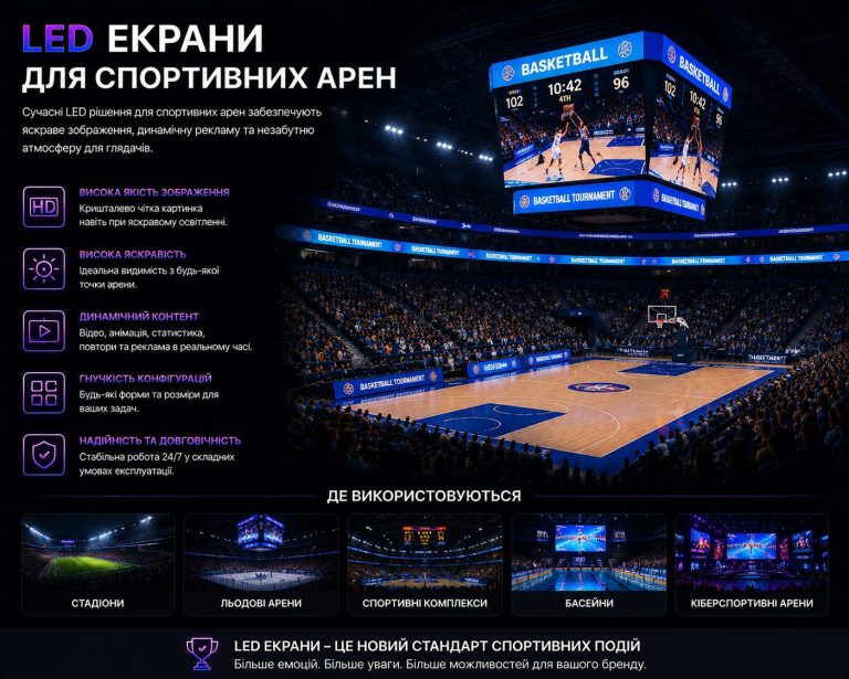 LED екрани для спортивних арен: табло, кубічні екрани та борти