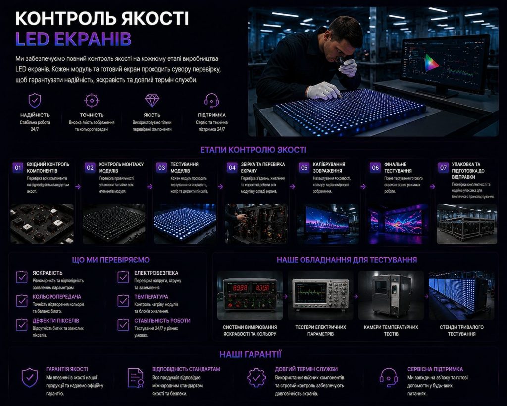 Контроль якості LED екранів: тестування, калібрування та перевірка модулів