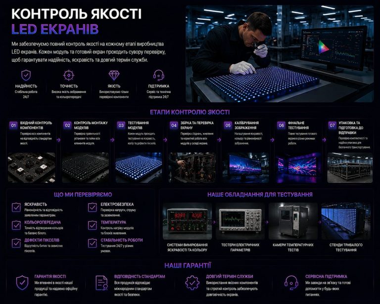 Контроль якості LED екранів: тестування, калібрування та перевірка модулів