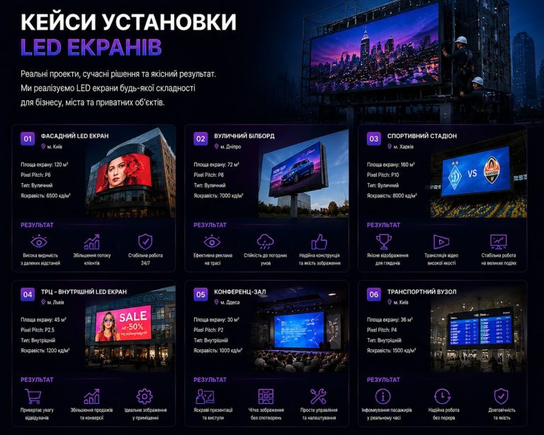Кейси установки LED екранів: фасадні, вуличні та внутрішні проєкти