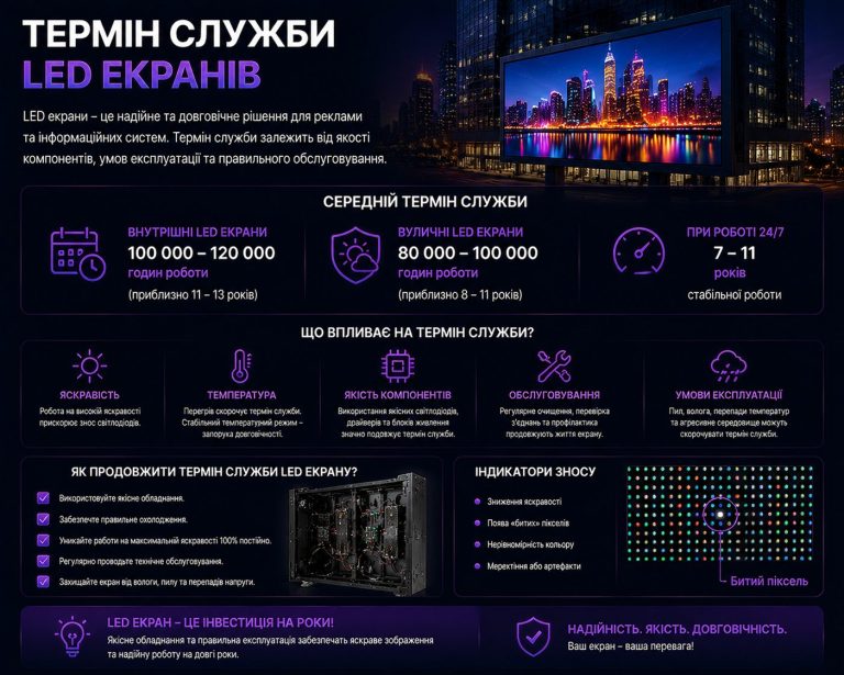 Термін служби LED екранів: ресурси роботи indoor та outdoor систем