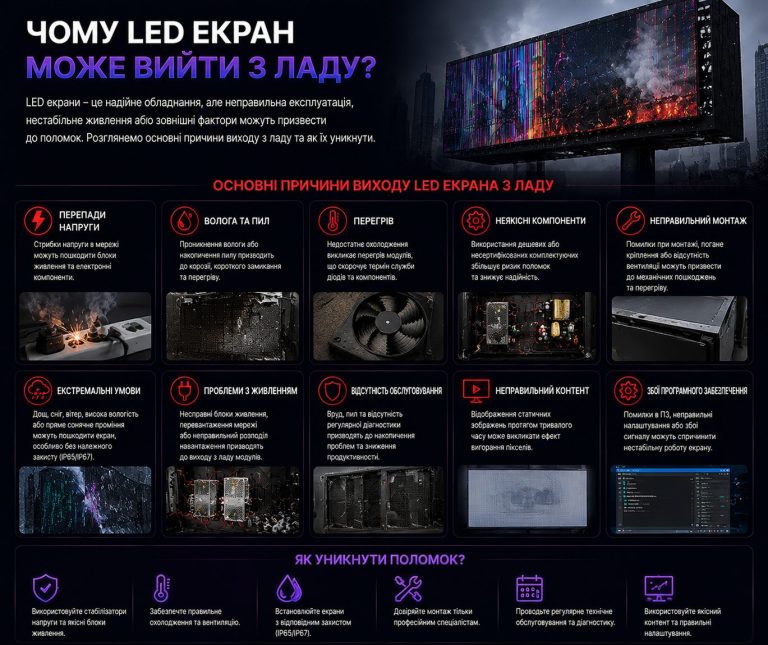 Причини поломок LED екранів: волога, перегрів, живлення та монтаж