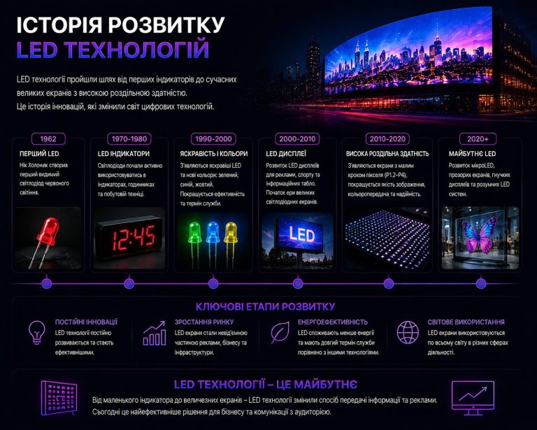 Історія розвитку LED технологій: етапи від індикаторів до сучасних LED дисплеїв