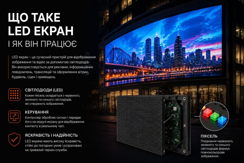 Сучасний LED екран на фасаді будівлі з цифровою рекламою в місті