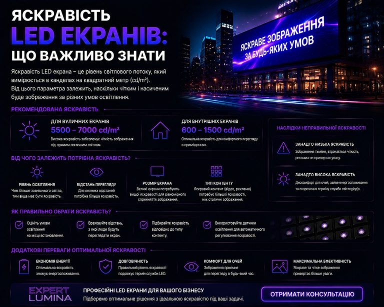 Яскравість LED екранів: рекомендовані рівні для вулиці та приміщень