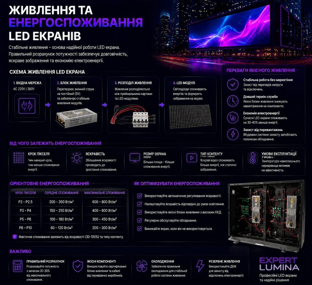 Живлення та енергоспоживання LED екранів: блок живлення, модулі та схема розподілу енергії
