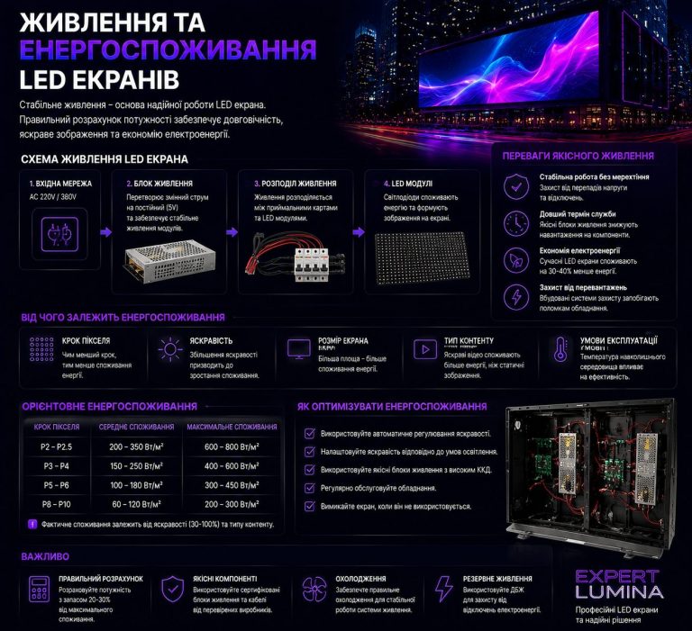 Живлення та енергоспоживання LED екранів: блок живлення, модулі та схема розподілу енергії