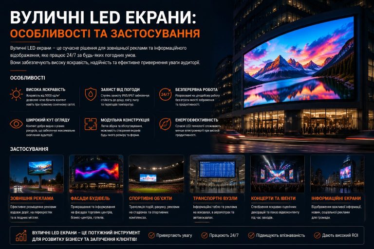 Вуличний LED екран на фасаді будівлі з цифровою рекламою в міському середовищі