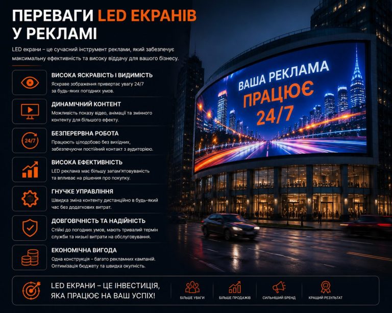 “Переваги LED екранів у рекламі: цифрова реклама, яскравість і ефективність для бізнесу