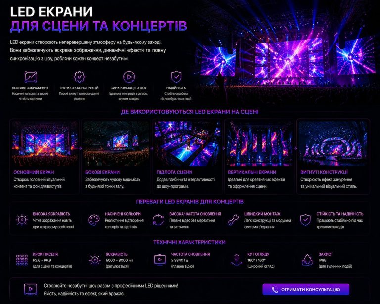 LED екрани для сцени та концертів: основний, бокові та підлогові екрани