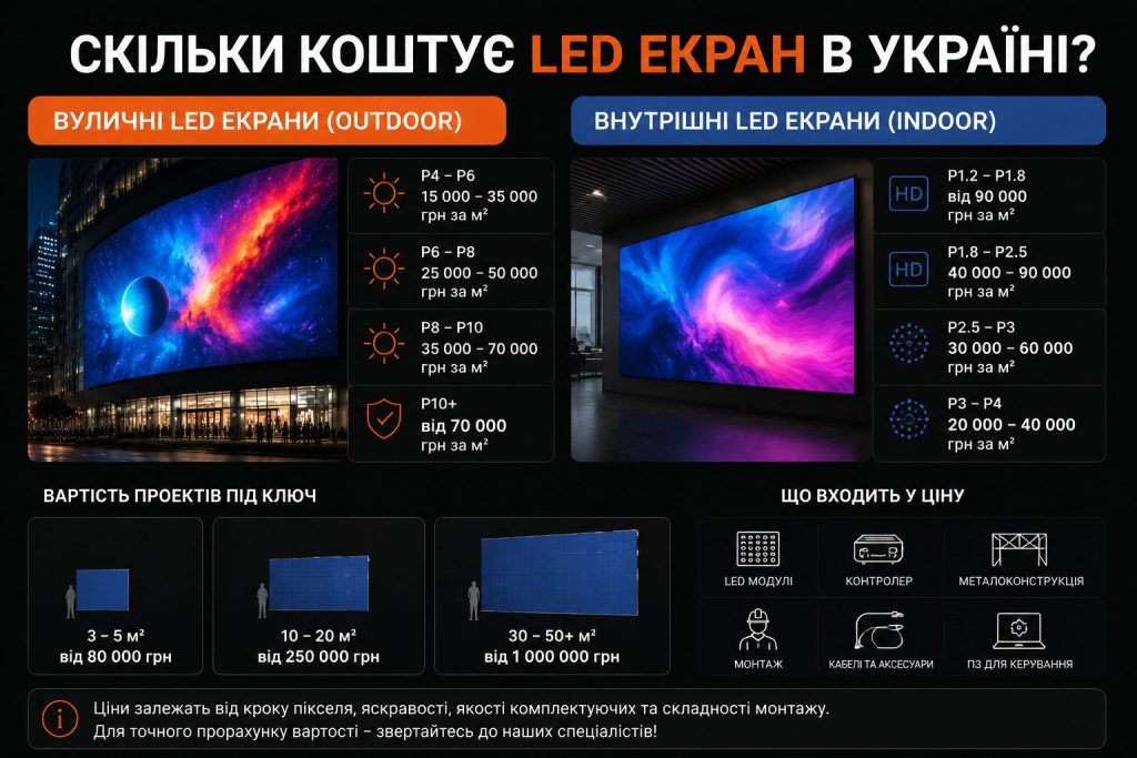Ціни на LED екрани в Україні: вуличні та внутрішні цифрові дисплеї для бізнесу