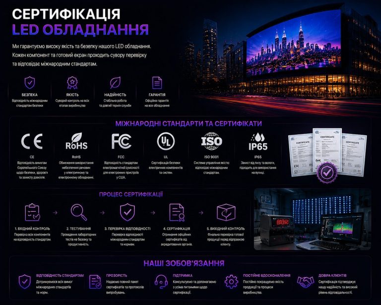 Сертифікація LED обладнання: міжнародні стандарти CE, RoHS, FCC та контроль якості