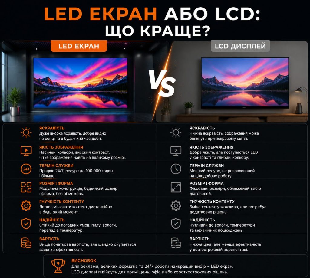 Порівняння LED екрана та LCD дисплея для бізнесу і реклами