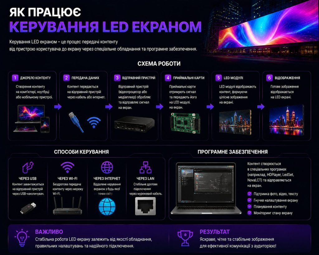 Схема керування LED екраном: контролер, передача даних, LED модулі та програмне забезпечення