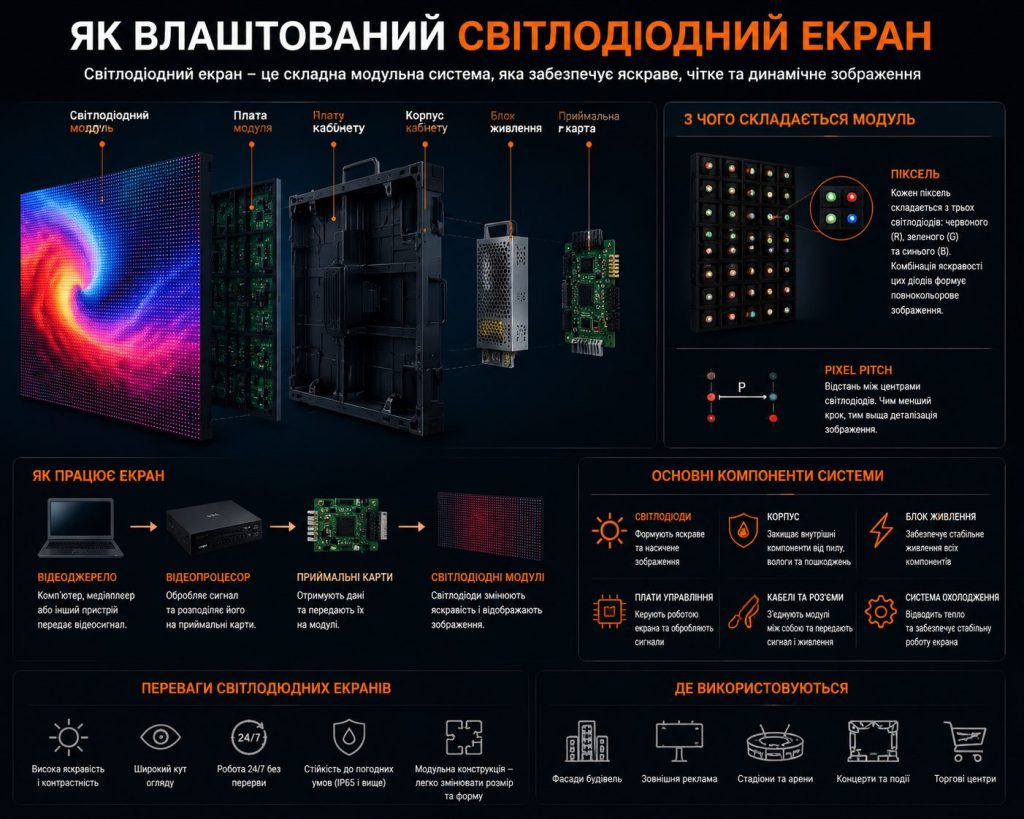 Будова світлодіодного LED екрану: модулі, контролер, блок живлення та пікселі