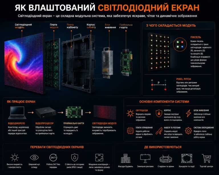 Будова світлодіодного LED екрану: модулі, контролер, блок живлення та пікселі