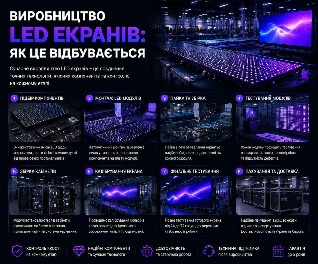 Виробництво LED екранів: монтаж модулів, пайка, тестування та контроль якості