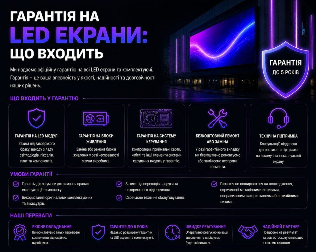 Гарантія на LED екрани: модулі, блоки живлення та система керування під захистом