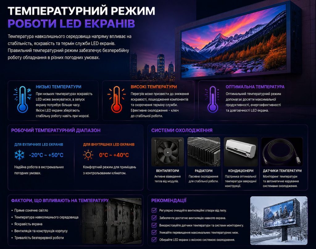 Температурний режим роботи LED екранів: охолодження, перегрів та робочі умови